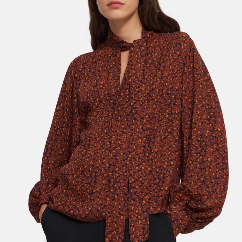 Last size!🖤THEORY🧡 blouson blouse top floral silk tie crepe rust brown $345